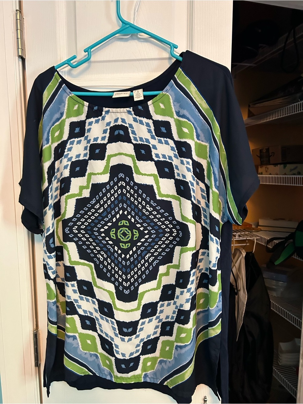 Chico's Navy, Blue & Green Geometric Short-Sleeve Blouse